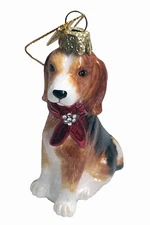 Beagle Dog Glass XMAS Ornament-Kurt Adler Noble Gems Bow 4" KA413-NB0900 Brn