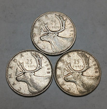 Lot of 3x Canada 25 Cents - 1937-1952 - Random George VI Dates - Silver Quarters