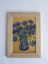 cornflowers original oil painting, blue cornflowers in vase, painting in frame