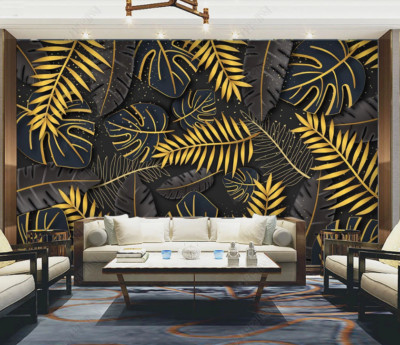 3D Tropical Golden Leaf Self-adhesive Removable Wallpaper Murals Wall
