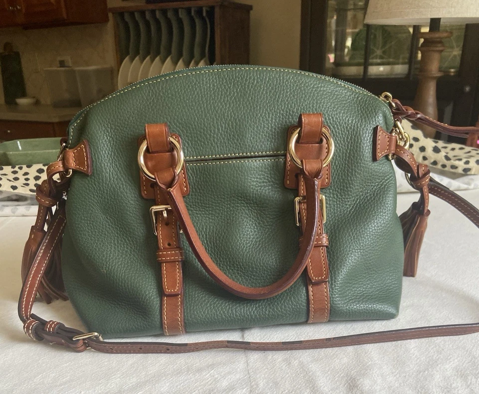 Dooney & Bourke Satchel Green Florentine Pebble Leather British Tan trim