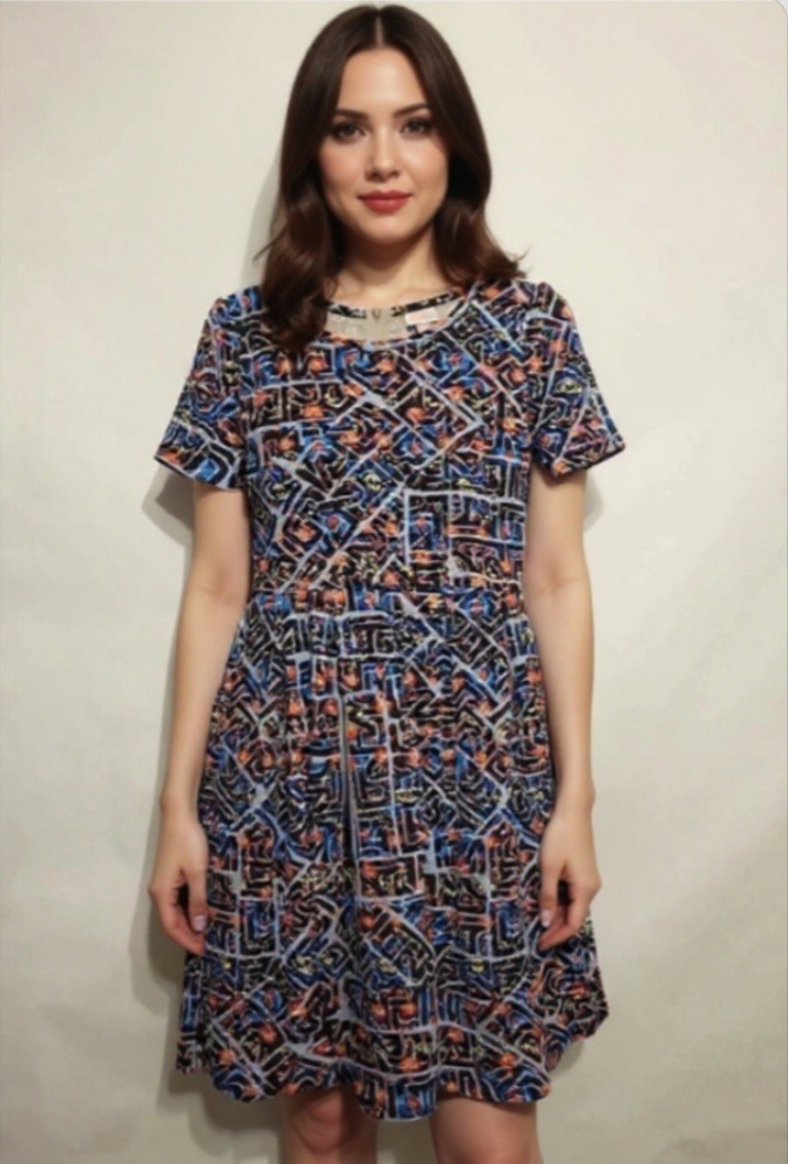 Lularoe Amelia Dress Blue Stained Glass Mosaic Red Yellow Womens Large Pockets