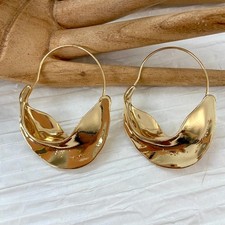 Gold Tone Sculpted Wavy Hoop Statement Earrings