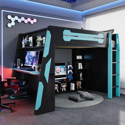Full Size Wood Loft Bed with Desk,Multi-storage Shelves and RGB Light,Cloud Blue