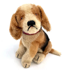 Steiff Biggie Beagle Mohair 1960s Dog sitting ID Button Squeaker 18cm 7in Vtg
