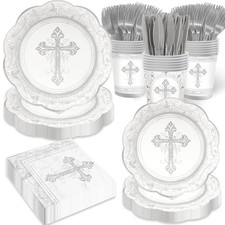 Baptism Party Decorations Cross Plates Napkins Silver First Communion Serves 25