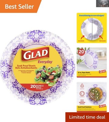 Luxury Soak Proof Paper Bowls, Purple Victorian Design - 20 Pack, 12 Oz Capacity