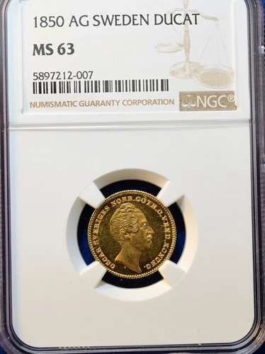 Sweden Ducat 1850 NGC MS63 Close to perfect with reflective surfaces!