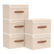 Yawinhe Collapsible Storage Boxes, Linen Fabric Baskets, Bin with lid and Lea...