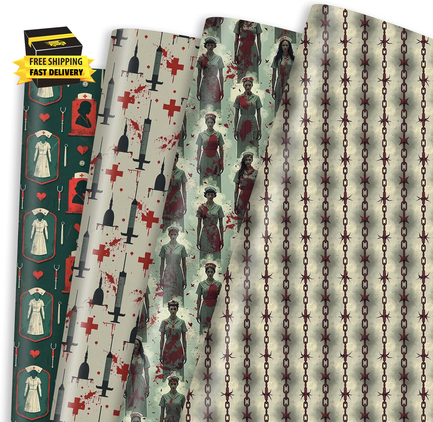 12 Sheets Horror Nurse Themed Gift Wrap With Nurse, Syringe,and B