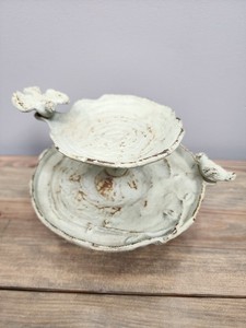 Vintage Cast Iron Bird Bath on Stand Green 6"x7"