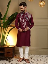 Men  s Maroon Wine Embroidered Kurta Pajama Set Viscose Silk Wedding Party Wear