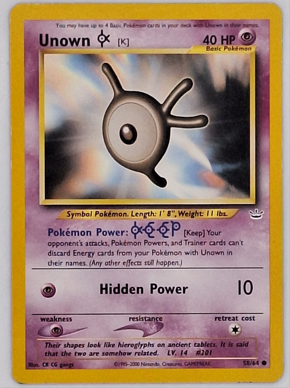 Unown K Vintage Pokemon Neo Revelation TCG Card 58/64 MP