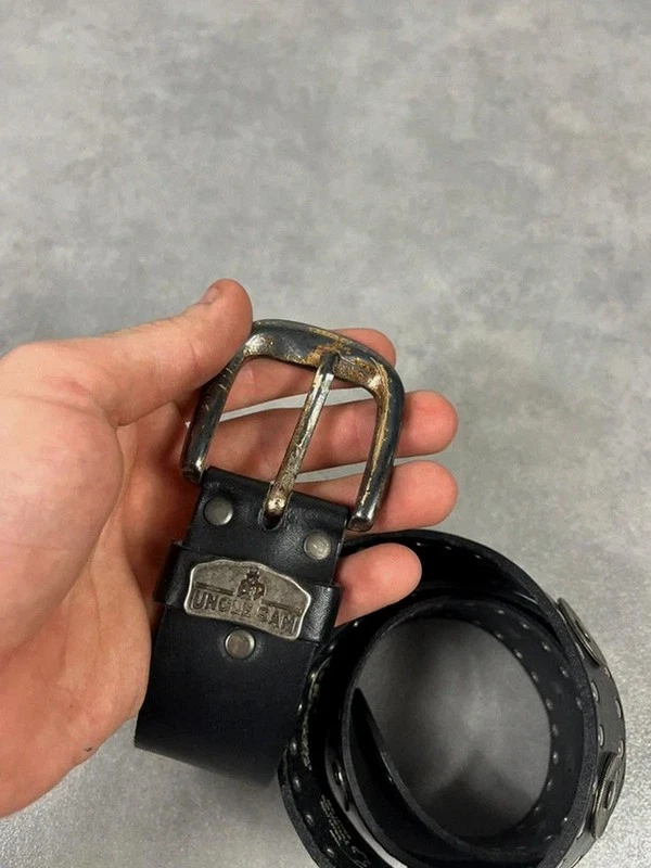 Ceinture cuir noir vintage archive Uncle Sam rivets pièces monnaies Américaines - Photo 2/4
