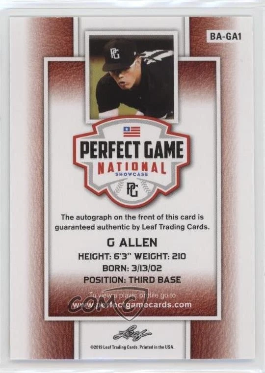 2019 Leaf Perfect Game National Showcase Auto Yellow /25 G Allen #BA-GA1 Auto - Image 2 of 2