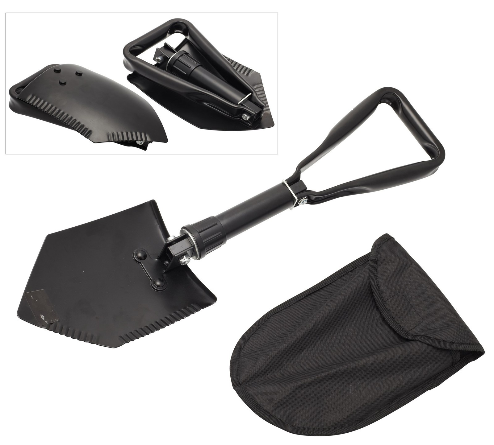 Pelle-pioche pliante Mil-Tec noire en acier robuste avec étui de transport