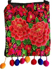 Multi Color Floral Embroidery Crossbody Bag 10 x 9 Medium Bright Colors On Blk