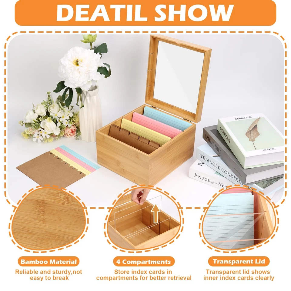 5x8 Index Card Holder with Dividers Bamboo Index Card Storage Box 4 Compartme... - Image 3 of 4