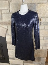 Vince Camuto Sequin Dress Size 0 Navy Blue Long Sleeve Mini Sheath Holiday Party