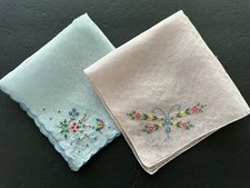 A Lot 2 Vintage Blue Pink Hankies Shadow Print Cotton Hand Embroidered Flowers