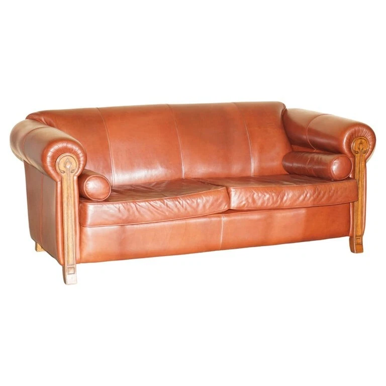 VINTAGE CHESTNUT BROWN LEATHER LIBERTY'S ART NOUVEAU CLUB SOFA CARVED WOOD FRAME