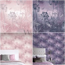 Image of ARTHOUSE FANTASIA DAMSELFLY GLITTER WALLPAPER BLUSH PINK 692305 & PURPLE 692306