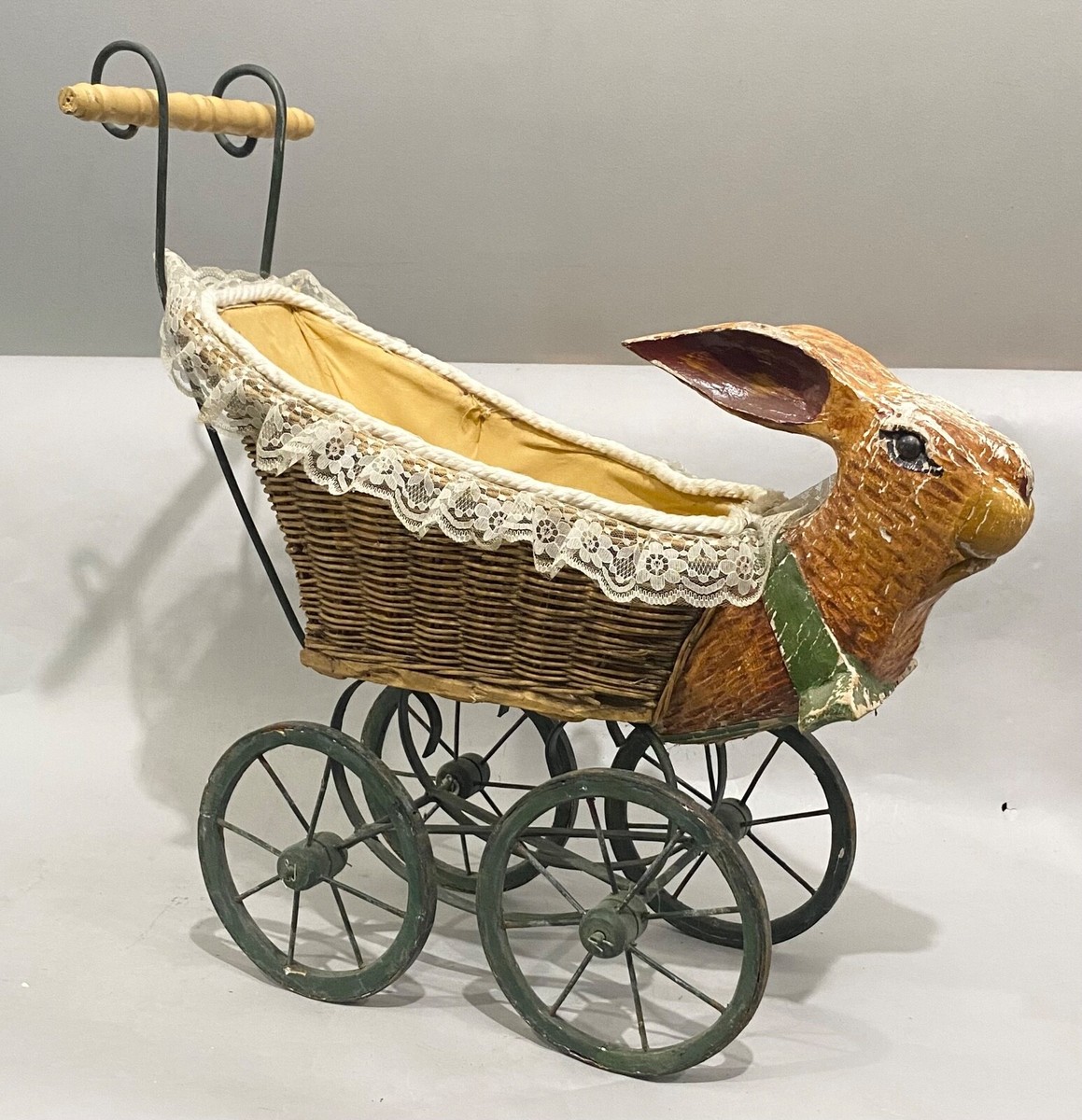 Antique Vintage Doll Stroller Pram Rabbitt Bunny Head Wicker Basket Iron Base eBay