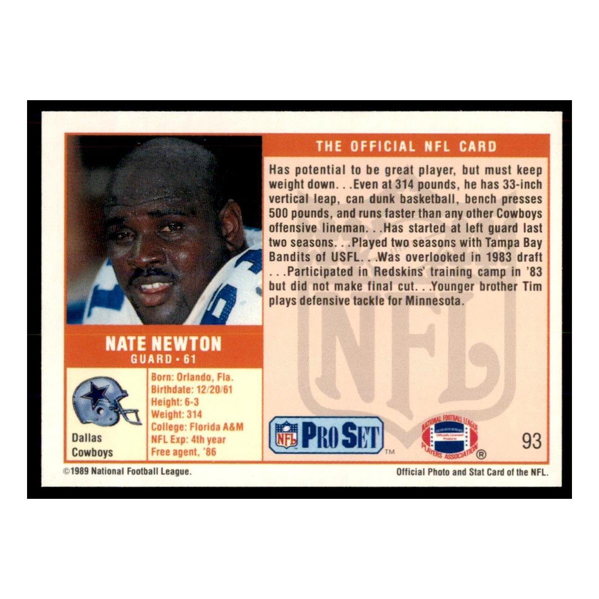 1989 Pro Set #93 Nate Newton Rookie Dallas Cowboys Football Card