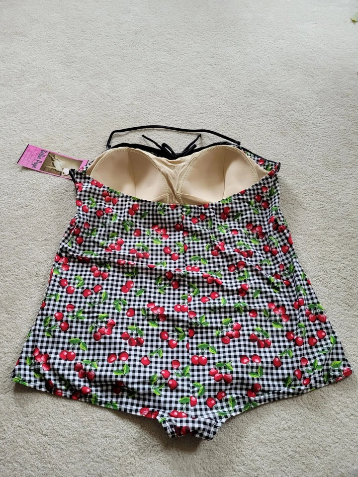 Bettie Page Pin Up Black White Gingham Cherry Print 1pc Women's Swimsuit Sz 28W - Image 3 of 4