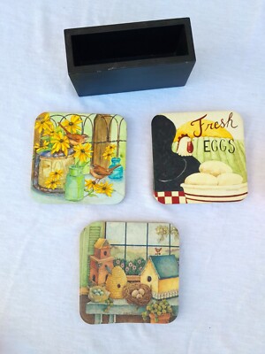 Set of 7 Country Chic Cork Coasters Chicken Eggs Bird house Sunflowers Farmhouse