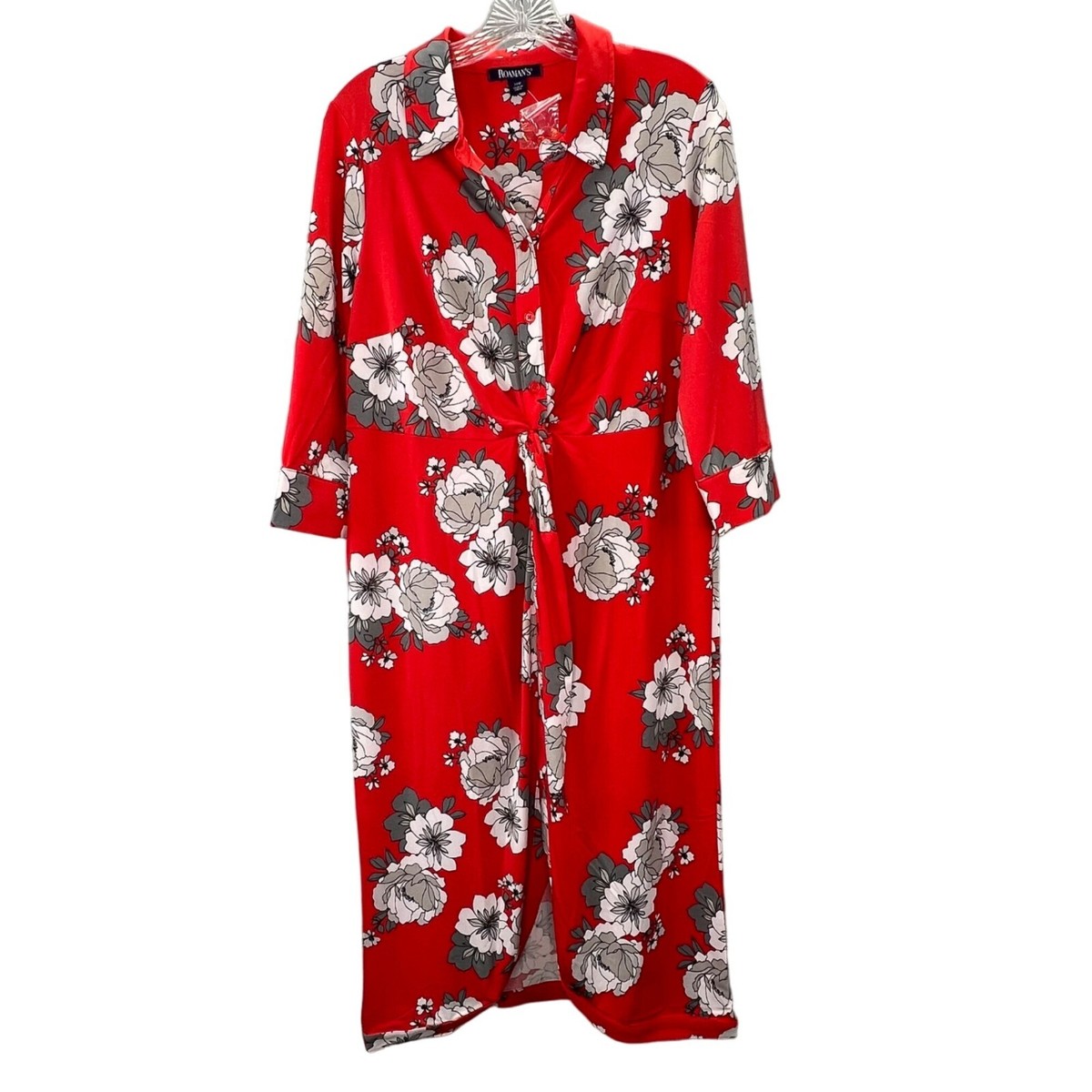 Roamans Twist Front Dress Plus size 14W Red Floral Shirtdress NWOT