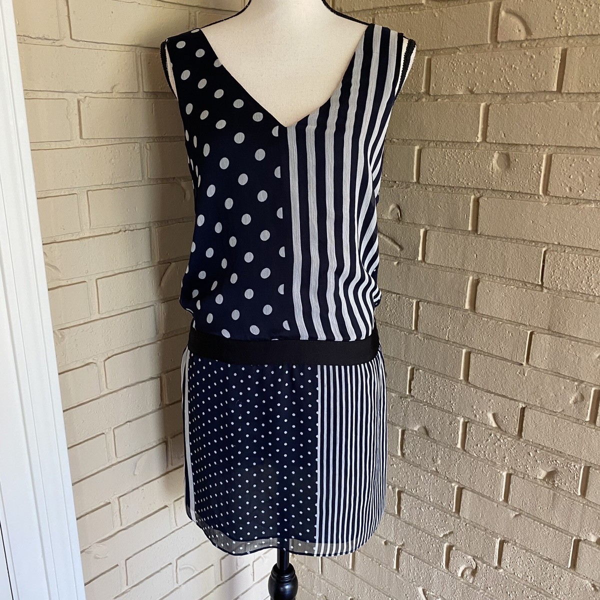 Single Mixed Print Backless Mini Dress Slate Blue Polka Dot Striped Size  Small