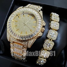 HIP HOP GOLD PT LUXURY LAB DIAMOND BLING WATCH ICED BAGUETTE CHAIN BRACELET
