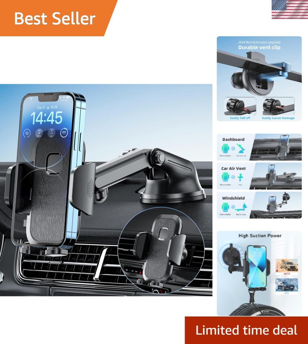 Universal Car Phone Holder with Suction Cup &amp; Air Vent Clip - Easy 