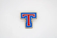 Vintage Lapel Hat Pin Tesoro High School Giant "T" Blue Red Gold Tone Rim Enamel