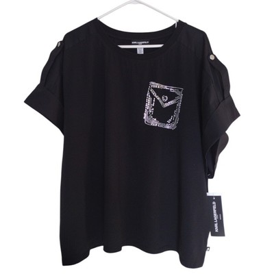 Karl Lagerfeld Rhinestone Pocket T-Shirt Button Detail Sleeves Black Size M
