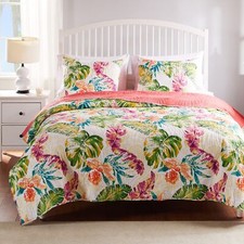 Greenland Home Tropics Cotton Quilt Set 3-Piece Full/Queen Coral