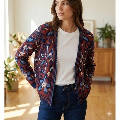 Woolovers Cardigan Sweater Womens Medium Blue Red Floral Full Zip Wool Cotton