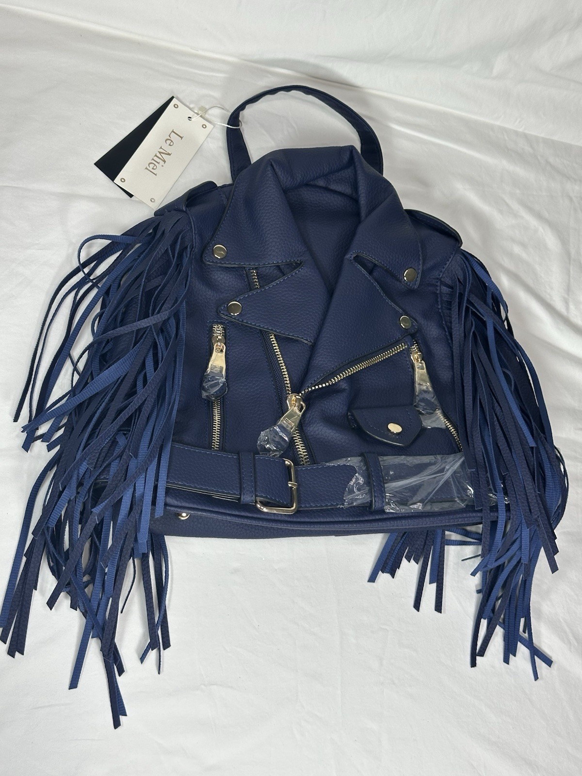 Le Miel Blue Vegan/Faux Leather Motorcycle Fringed Backpack Purse Bag Tote NWT