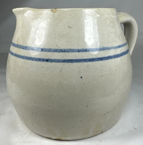 VTG Blue Band Navy Stripe Stoneware Pitcher Fat Medium Farmhouse Decor Vase