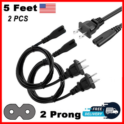 2 Pack AC Power Cord 2 Prong Power Cord 5FT 2-Slot Power Cable Replacement PS5