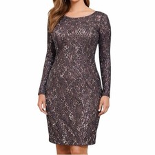 Aidan Mattox Lace Sequin Sheath Dress Women's Size 18W Long Sleeve V-Back Brown