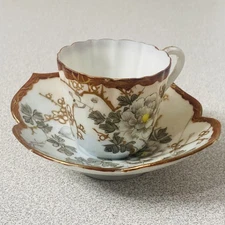 Vtg Hand Painted Floral Porcelain Demitasse Cup & Saucer Set Bronze Blue Gray