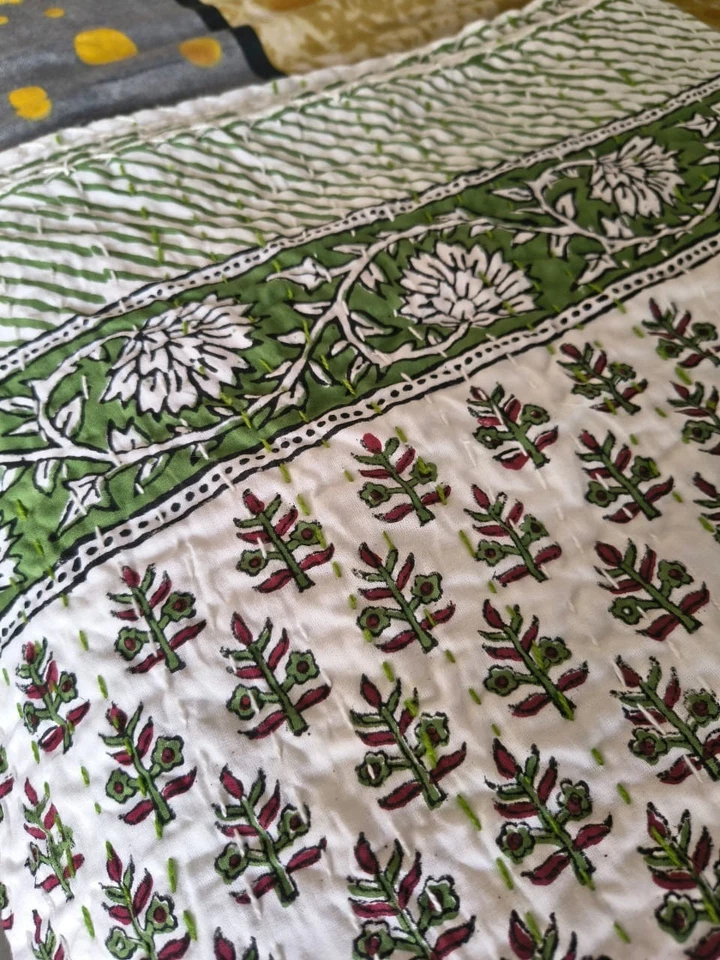 Indian Hand Block Print Green White Cotton Kantha Quilt Throw Blanket Bedspread - Image 3 of 4