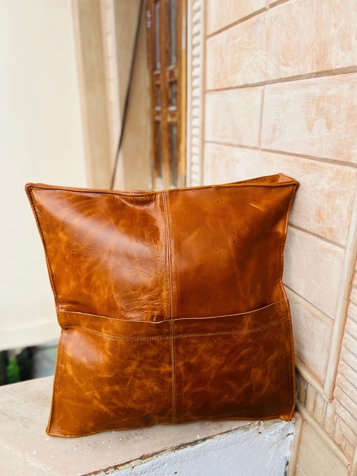 Puf Marroquí De Cuero De Cabra Genuino Hecho A Mano Vintage - Imagen 4 de 4