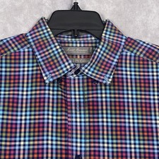 Daniel Cremieux Men Shirt Large Button Supima Cotton Short Sleeve Plaid Blue 75