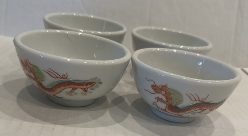 VTG Red Dragon Porcelain Rice Bowls Or Tea Cups Chinese Restaurant Ware Set 4
