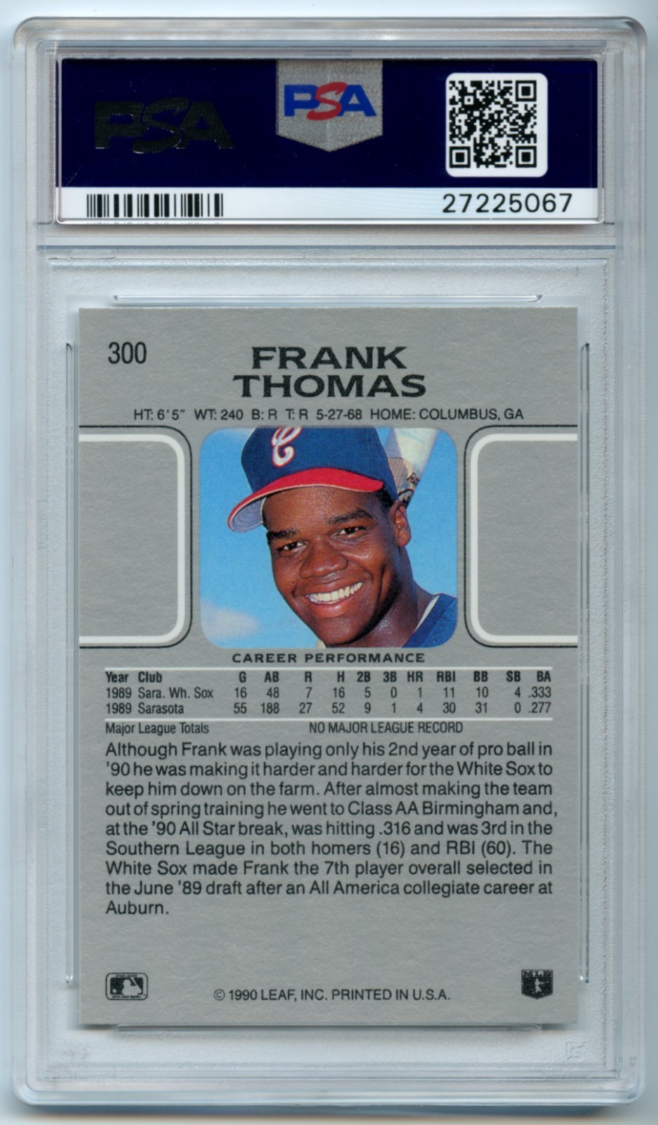 1990 Leaf #300 Frank Thomas RC HOF PSA GEM MINT 10 view 2