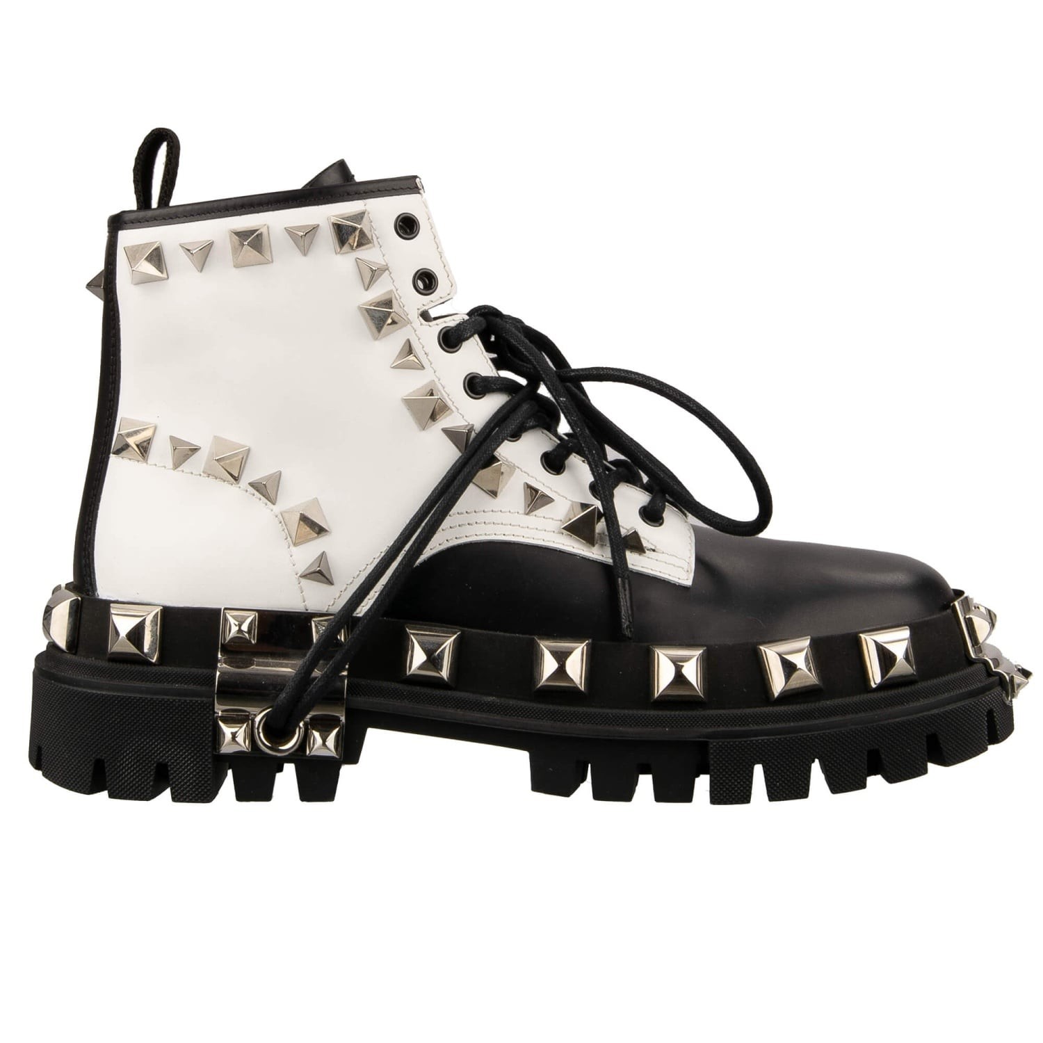 DOLCE & GABBANA Studded Platform Combat Biker Boots Black White 44 US 11 UK 10