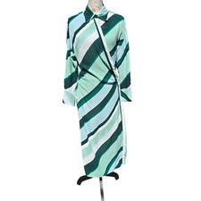 MNG Mango Womens Green Striped Wrap Midi Shirt Dress Long Sleeve Size 6